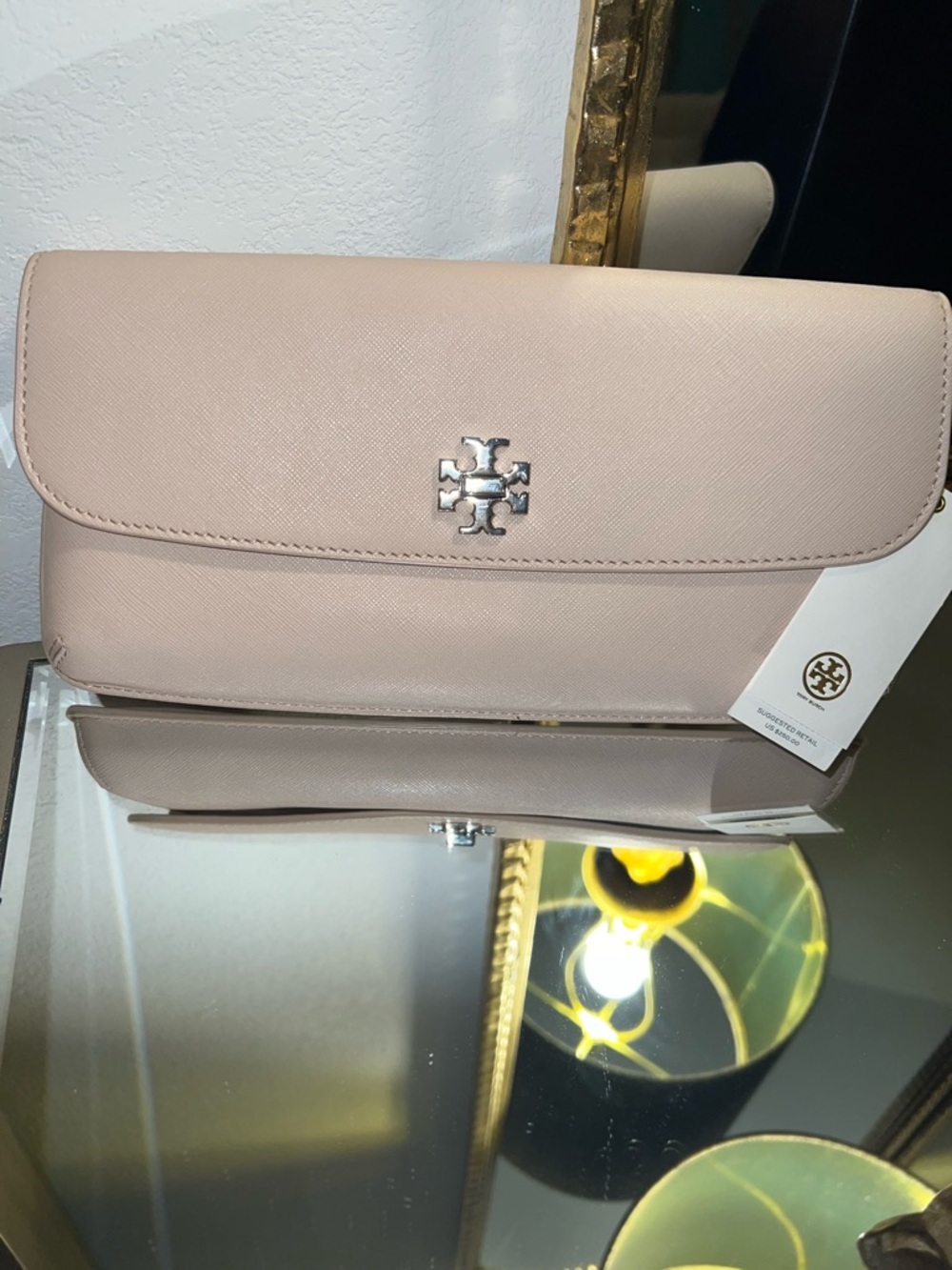 TORY BURCH Clutch Evening Bag Light Pink Silver Logo